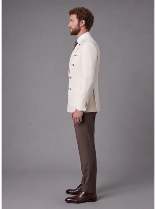 Bej Kruvaze Ceket Koyu Kahverengi Pantolon Kombinli Slim Fit Takım Elbise