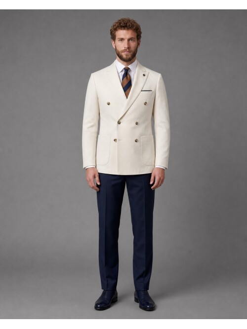 Bej Kruvaze Ceket Lacivert Pantolon Kombinli Slim Fit Takım Elbise