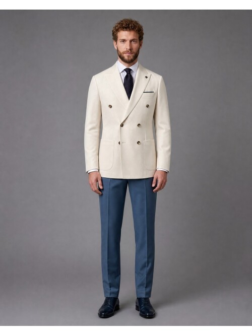 Bej Kruvaze Ceket Mavi Pantolon Kombinli Slim Fit Takım Elbise