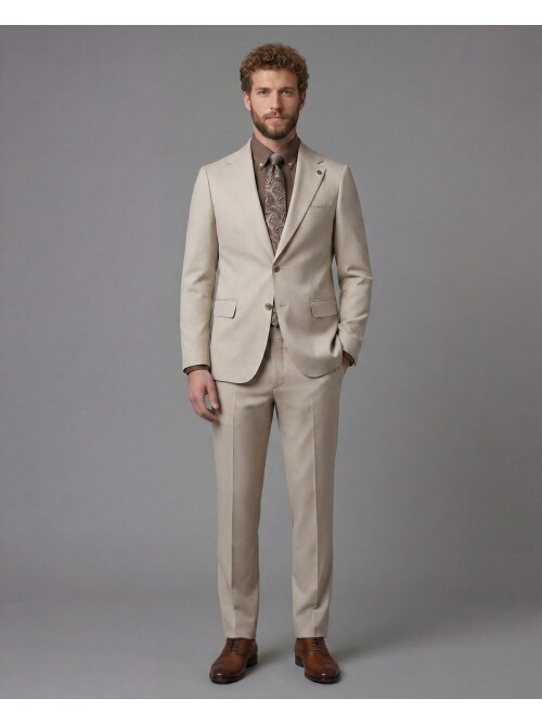 Beige Notch Lapel Comfort Fit Suit