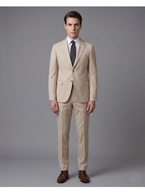 Beige Mono Notch Lapel Two Button Comfort Fit Suit