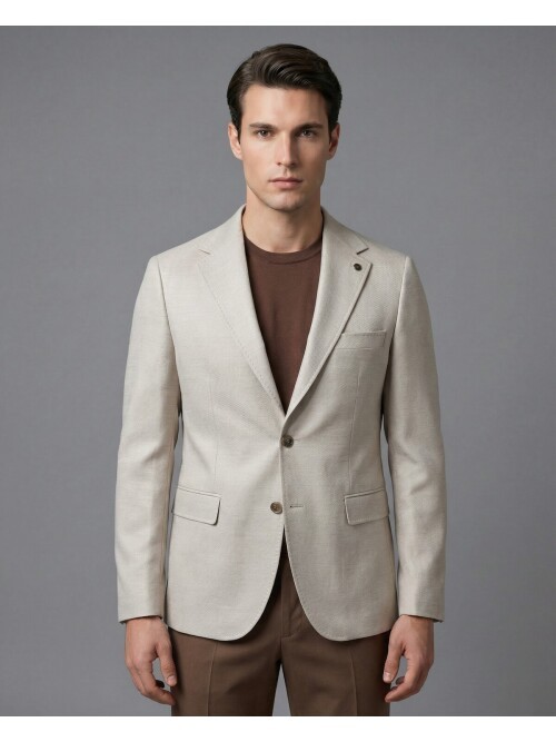 Beige Regular Fit Notch Lapel Two-Button Flap Pocket Blazer