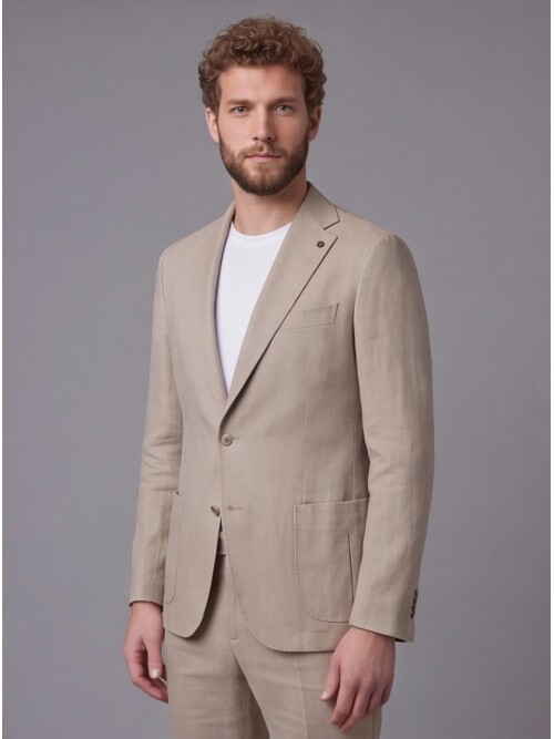 Bej Mono Yaka Slim Fit Torba Cep 2 Düğme Takım Elbise