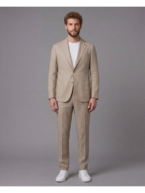 Bej Mono Yaka Slim Fit Torba Cep 2 Düğme Takım Elbise