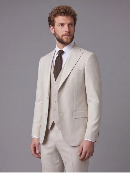 Bej Sivri Yaka Çift Düğmeli Slim Fit Yelekli Takım Elbise