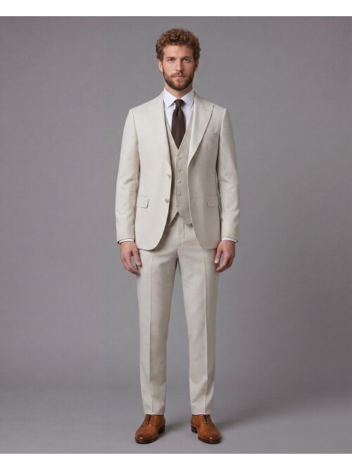 Bej Sivri Yaka Çift Düğmeli Slim Fit Yelekli Takım Elbise