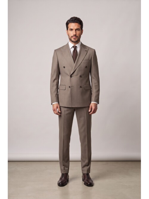 Beige Peak Lapel Pinstripe Double Breasted Suit