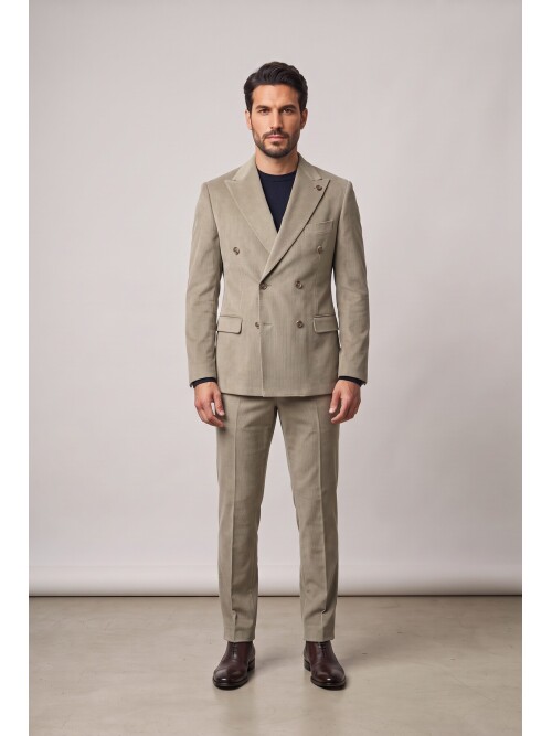 Beige Peak Lapel Velvet Double Breasted Suit