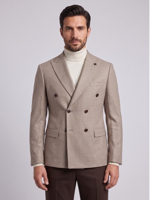 Beige Peak Lapel Double-Breasted Blazer
