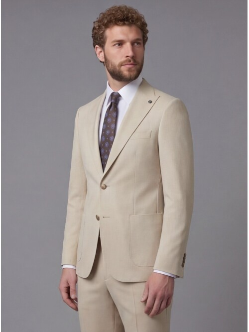 Beige Peak Lapel Slim Fit 2-Button Patch Pocket Suit