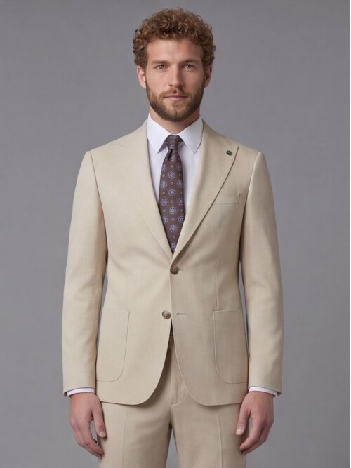 Beige Peak Lapel Slim Fit 2-Button Patch Pocket Suit