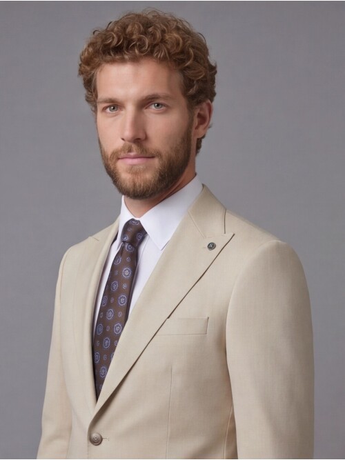 Beige Peak Lapel Slim Fit 2-Button Patch Pocket Suit