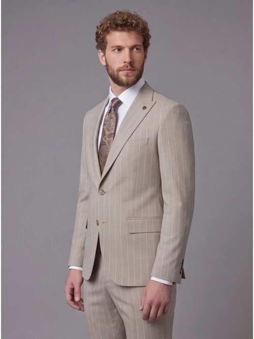 Bej Sivri Yaka Slim Fit Çizgili Takım Elbise