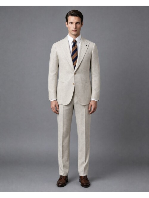 Beige Wool Suit with Pointed Lapels