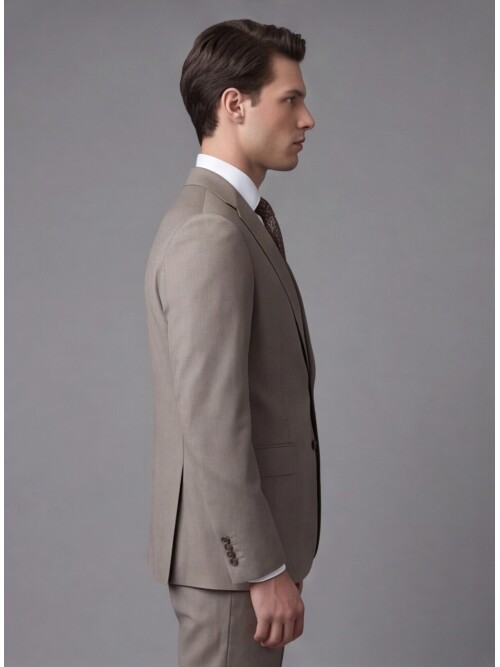 Bej Yünlü Mono Yaka Regular Fit 2 Düğme Takım Elbise