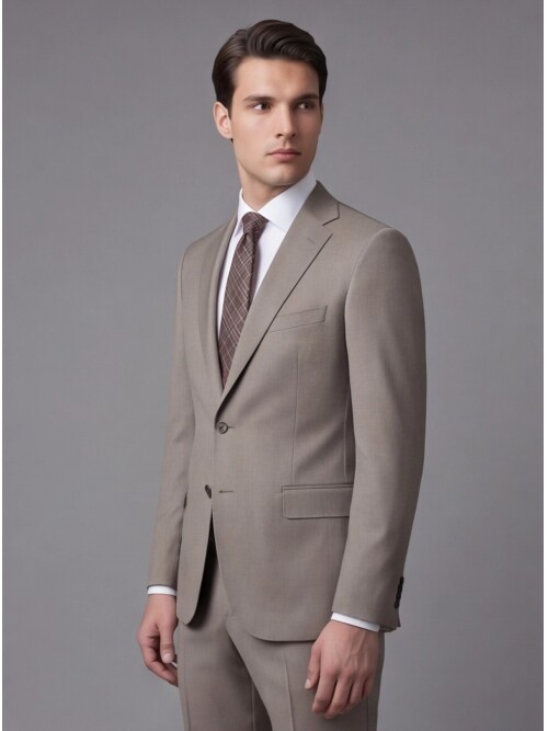 Bej Yünlü Mono Yaka Regular Fit 2 Düğme Takım Elbise