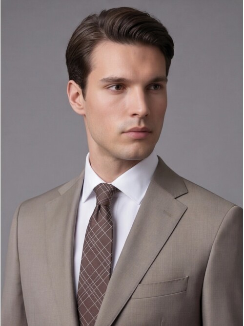 Bej Yünlü Mono Yaka Regular Fit 2 Düğme Takım Elbise