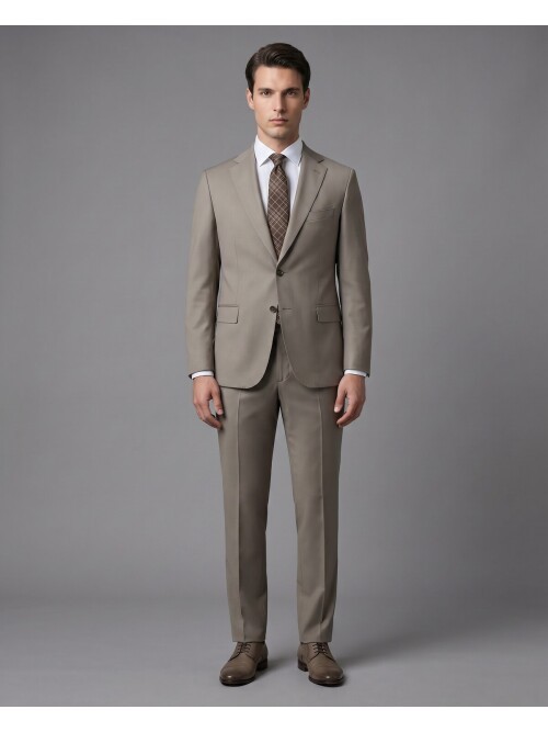 Bej Yünlü Mono Yaka Regular Fit 2 Düğme Takım Elbise