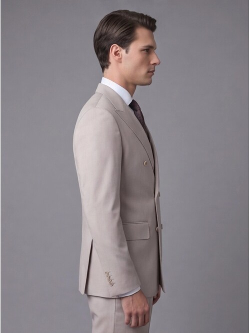 Bej Yünlü Sivri Yaka Kruvaze Comfort Fit Takım Elbise