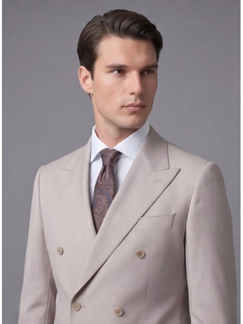 Bej Yünlü Sivri Yaka Kruvaze Comfort Fit Takım Elbise