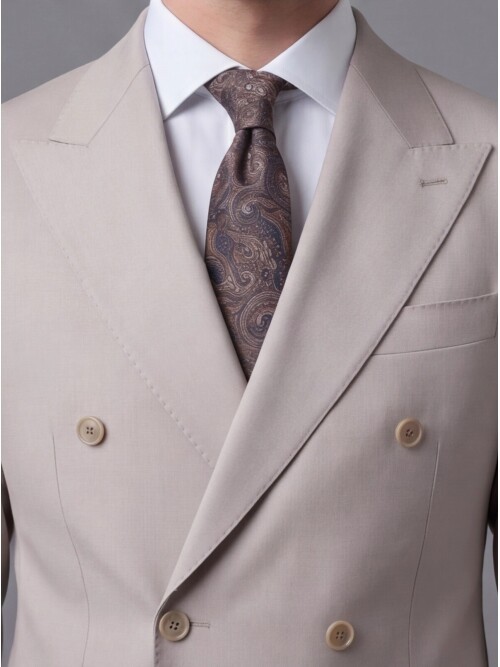 Bej Yünlü Sivri Yaka Kruvaze Comfort Fit Takım Elbise