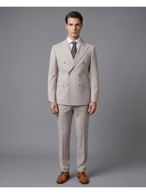 Bej Yünlü Sivri Yaka Kruvaze Comfort Fit Takım Elbise