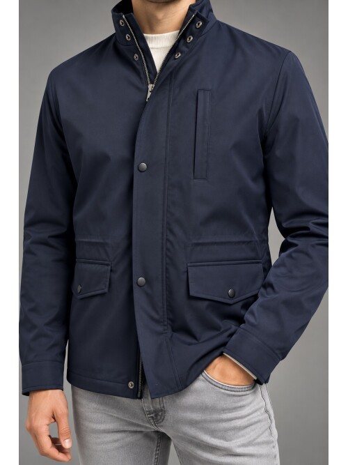 Erkek Lacivert Dik Yaka Comfort Fit Torba Cepli Mont