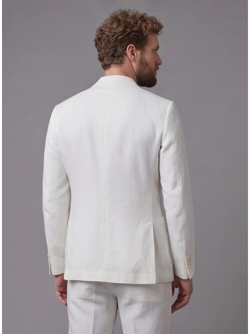 Açık Bej Keten Sivri Yaka Comfort Fit Torba Cep 2 Düğme Takım Elbise