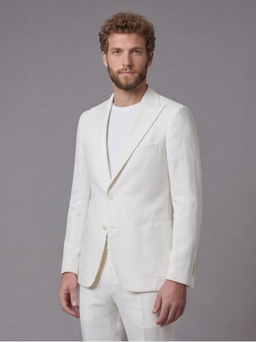 Açık Bej Keten Sivri Yaka Comfort Fit Torba Cep 2 Düğme Takım Elbise