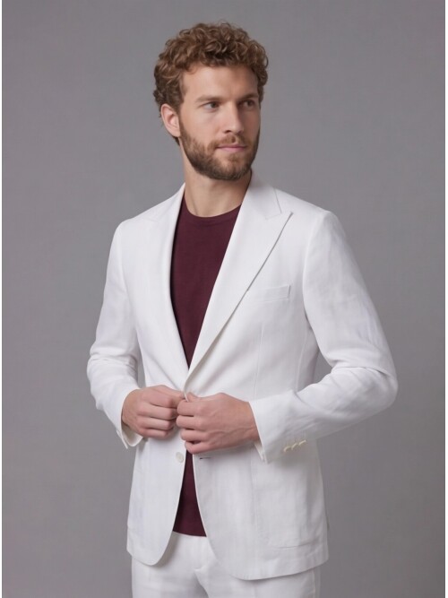 Beyaz Keten Sivri Yaka Comfort Fit Torba Cep 2 Düğme Takım Elbise