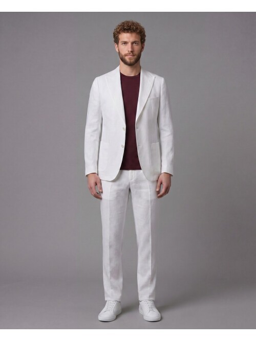 Beyaz Keten Sivri Yaka Comfort Fit Torba Cep 2 Düğme Takım Elbise