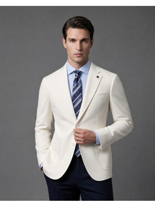 Beyaz Mono Yaka Slim Fit Torba Cep Ceket