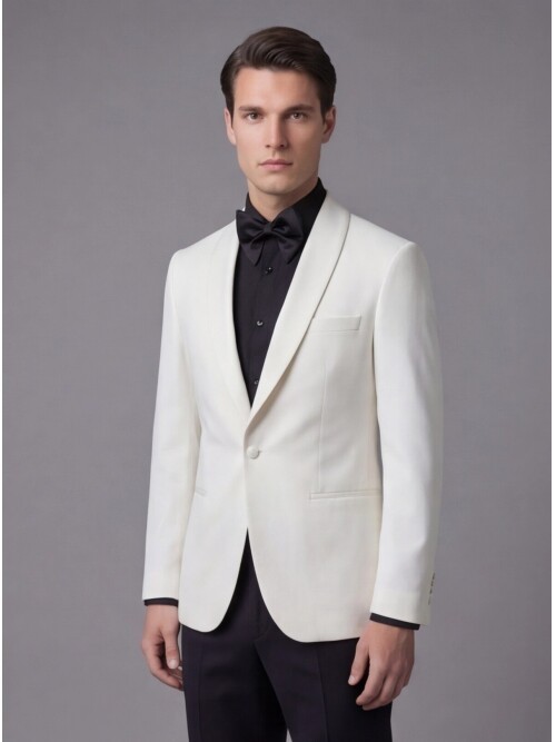 Beyaz Şal Yaka Tek Düğme Slim Fit Damatlık