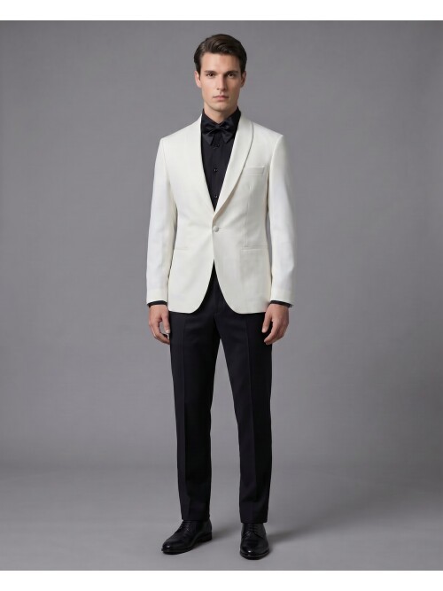 Beyaz Şal Yaka Tek Düğme Slim Fit Damatlık