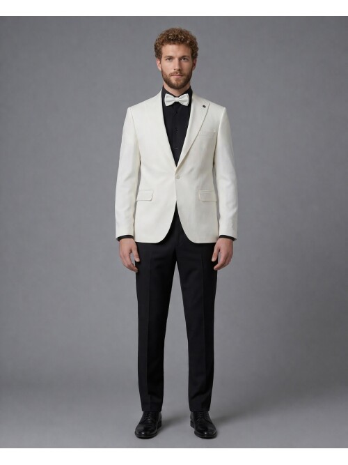 White Peak Lapel Comfort Fit Single Button Tuxedo Jacket & Black Trousers Suit Combination