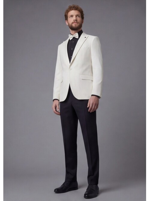 White Peak Lapel Comfort Fit Single Button Tuxedo Jacket & Black Trousers Suit Combination