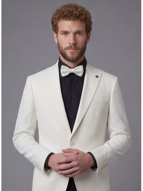 White Peak Lapel Comfort Fit Single Button Tuxedo Jacket & Black Trousers Suit Combination