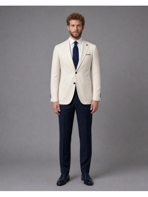 Beyaz Sivri Yaka Slim Fit Kombinli Erkek Takım Elbise