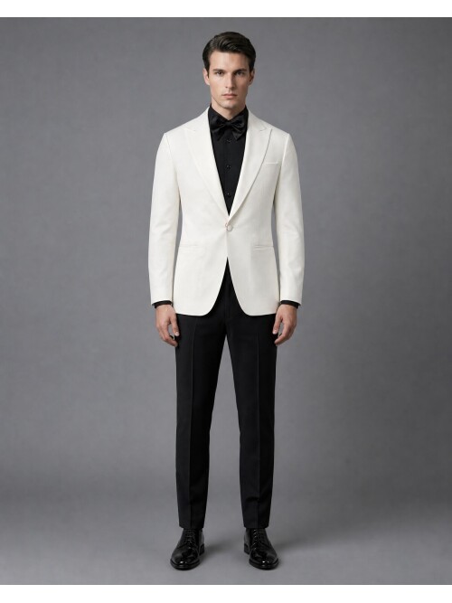 Beyaz Sivri Yaka Slim Fit Tek Düğme Damatlık