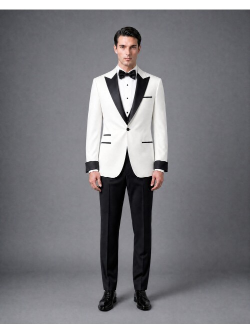 Beyaz Slim Fit Sivri Yaka Tek Düğme Damatlık