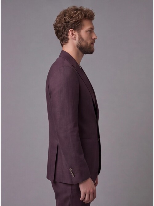 Bordo Keten Sivri Yaka Comfort Fit Torba Cep 2 Düğme Takım Elbise