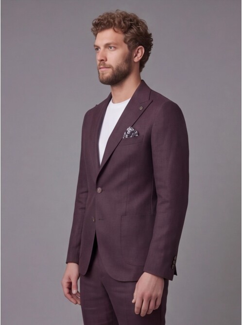 Bordo Keten Sivri Yaka Comfort Fit Torba Cep 2 Düğme Takım Elbise