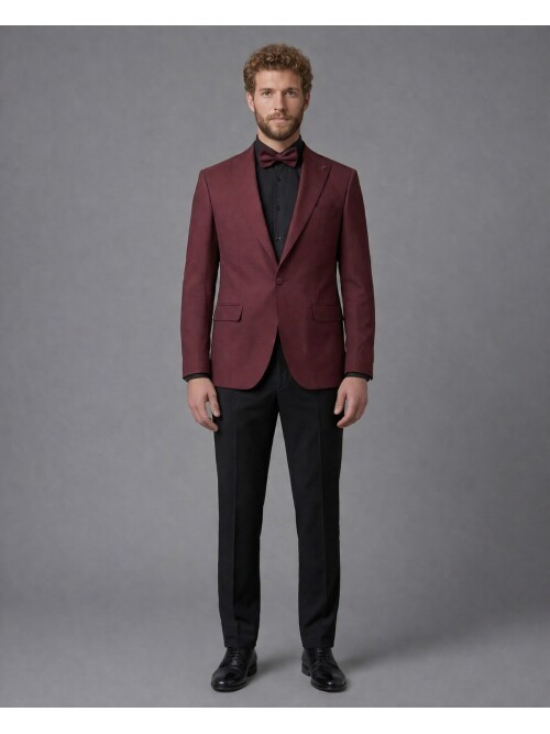 Burgundy Peak Lapel Comfort Fit Single Button Tuxedo Jacket & Black Trousers Suit Combination