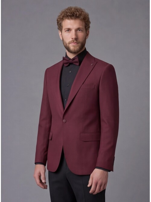 Burgundy Peak Lapel Comfort Fit Single Button Tuxedo Jacket & Black Trousers Suit Combination