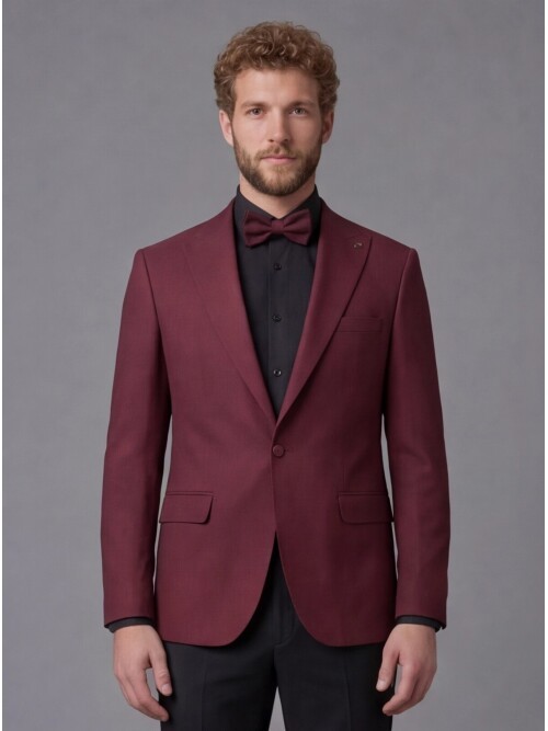 Burgundy Peak Lapel Comfort Fit Single Button Tuxedo Jacket & Black Trousers Suit Combination
