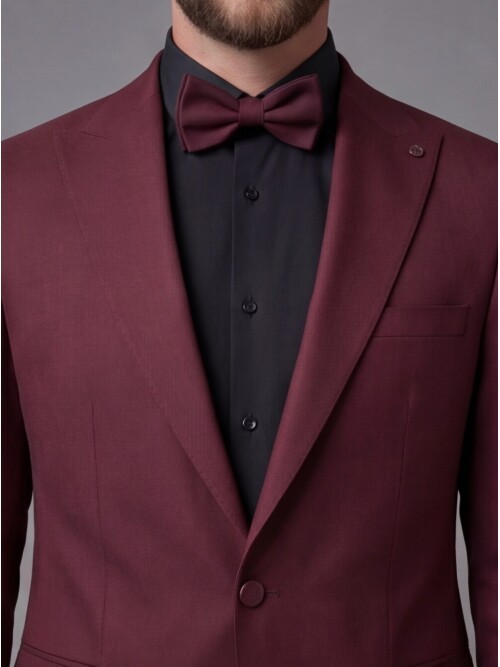 Burgundy Peak Lapel Comfort Fit Single Button Tuxedo Jacket & Black Trousers Suit Combination