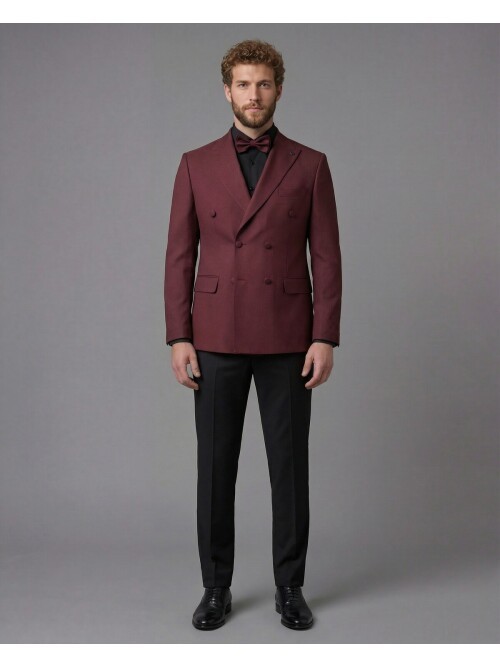 Burgundy Peak Lapel Double-Breasted Blazer & Black Trousers Combination Suit