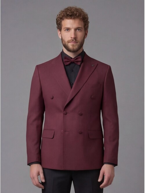 Burgundy Peak Lapel Double-Breasted Blazer & Black Trousers Combination Suit