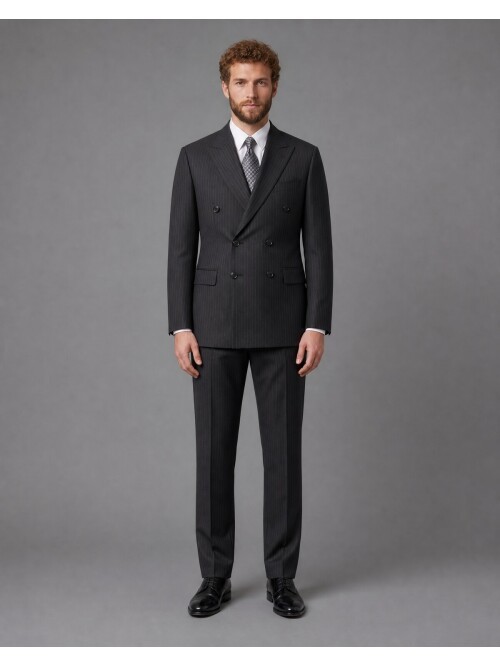 Striped Wool Double-Breasted Suit with Pointed Lapels