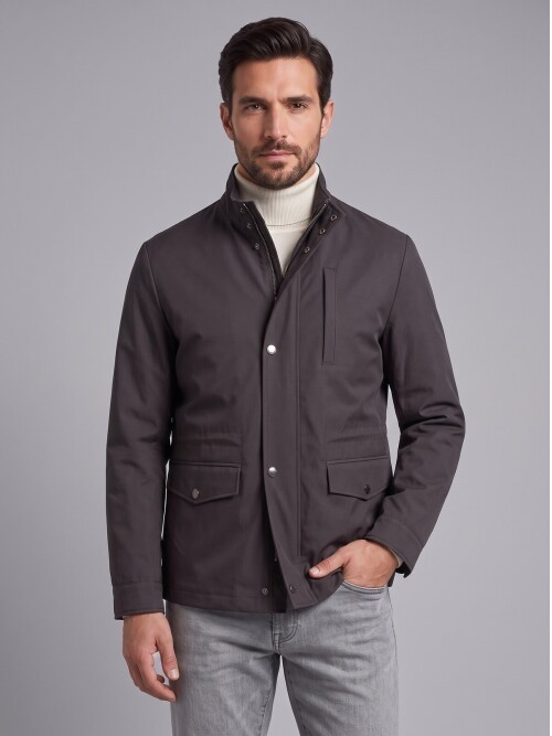 Erkek Koyu Kahverengi Dik Yaka Comfort Fit Torba Cepli Mont